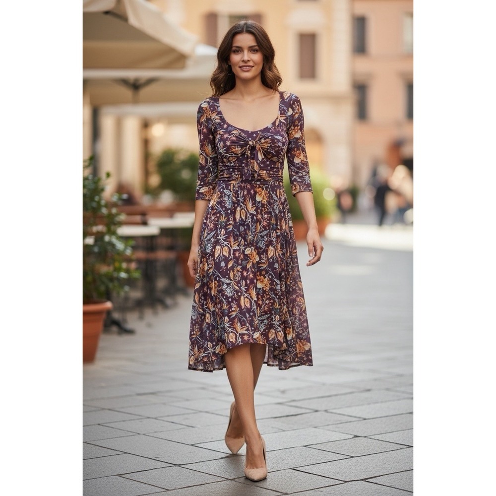 Maeve Anthropologie Beloved Purple Floral Tie-Front Stretchy Dress Size Large